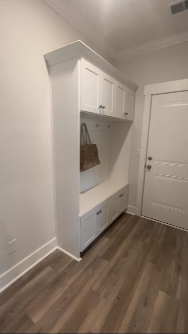 mudroom featuring dark hardwood / wood-style floors and crown molding