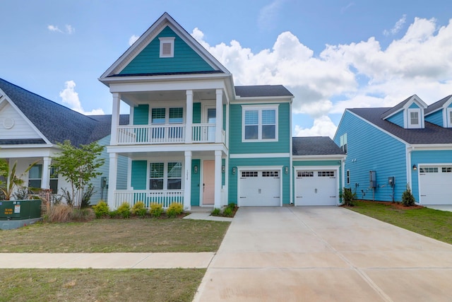 1238 Homecoming Blvd, Ravenel, SC 29470 - view of front of house featuring covered porch, an attached garage, concrete driveway, a front lawn, and a balcony