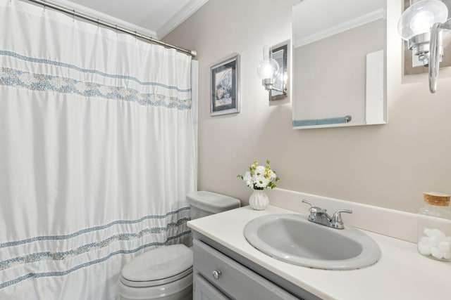 bathroom featuring walk in shower, ornamental molding, toilet, and vanity