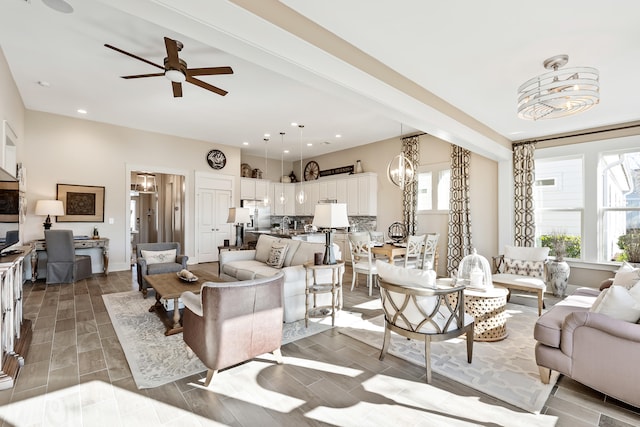 living room featuring ceiling fan