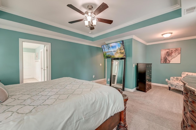 bedroom featuring crown molding, carpet flooring, baseboards, a ceiling fan, and access to exterior