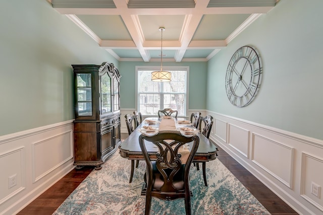 dining room featuring beam ceiling, wainscoting, dark wood-type flooring, coffered ceiling, and a decorative wall