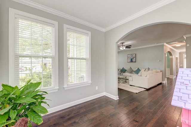 hall with arched walkways, plenty of natural light, dark wood-style flooring, ornamental molding, and baseboards