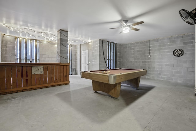 rec room featuring ceiling fan and pool table