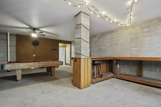 game room featuring ceiling fan, concrete floors, and billiards