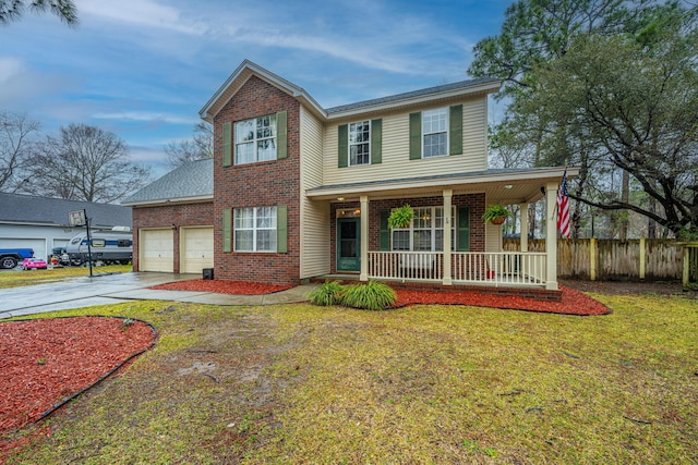 view of front of house with fence, driveway, an attached garage, covered porch, and brick siding