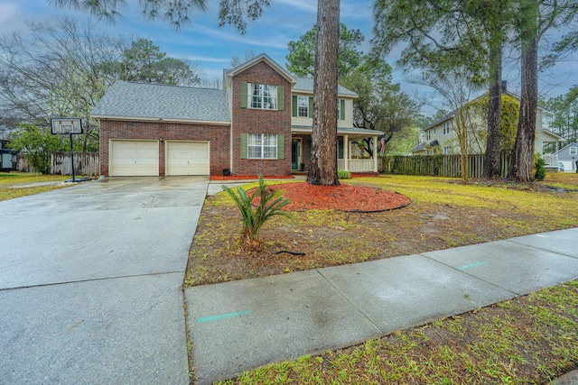 view of front of house featuring fence, a porch, an attached garage, concrete driveway, and brick siding