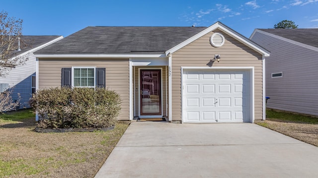 single story home with driveway, a front lawn, an attached garage, and a shingled roof