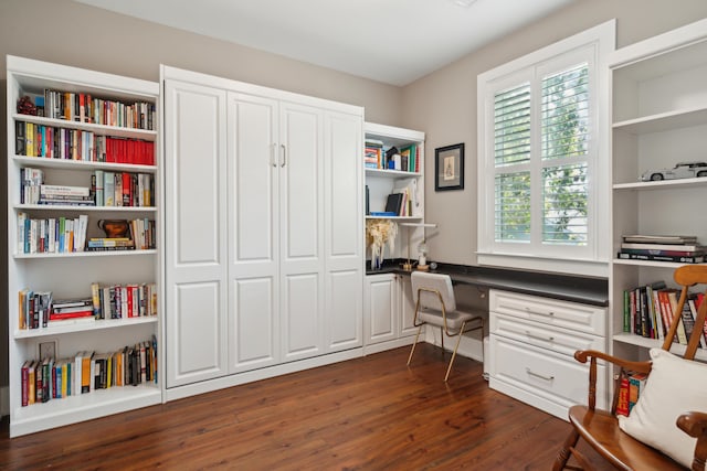 office area with dark hardwood / wood-style floors and built in desk