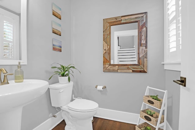 bathroom featuring toilet, wood-type flooring, and sink