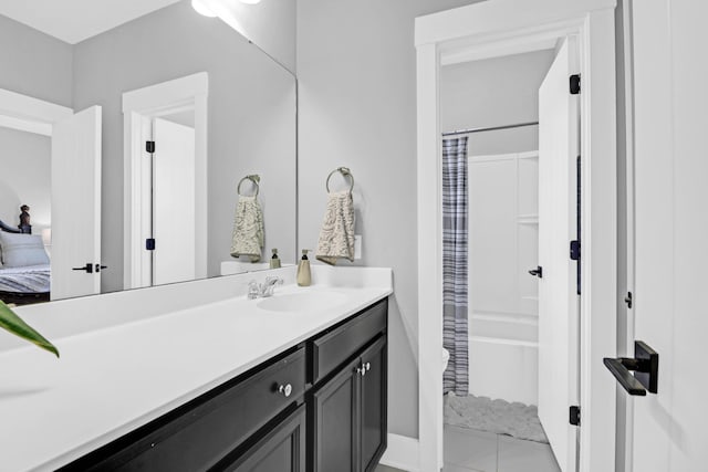 bathroom featuring vanity, tile patterned flooring, and shower / bath combination with curtain