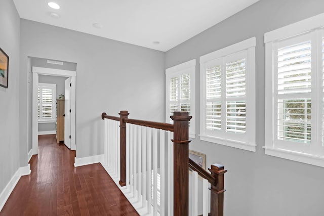 hall with a wealth of natural light and dark hardwood / wood-style floors