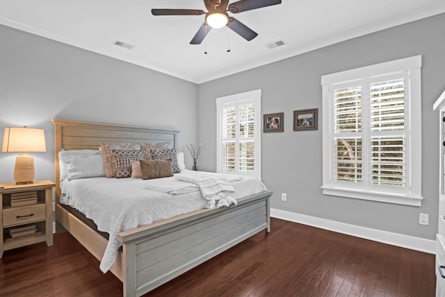 bedroom with ceiling fan and dark hardwood / wood-style flooring