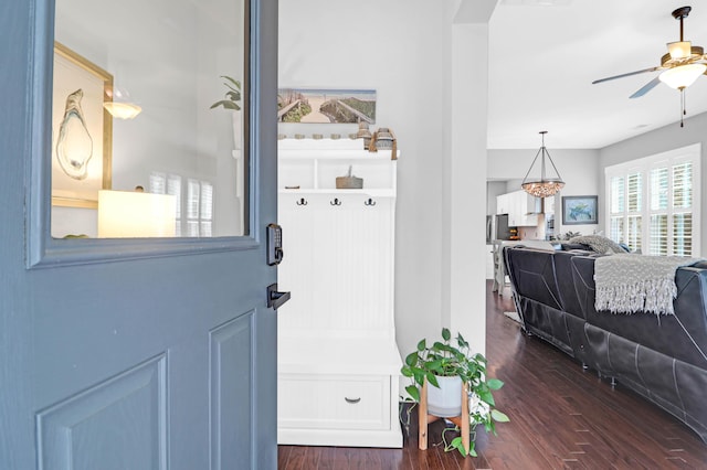 doorway featuring ceiling fan and dark hardwood / wood-style flooring