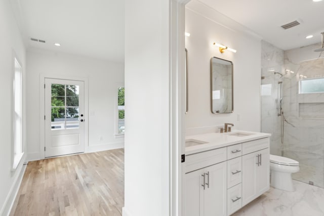 bathroom featuring tiled shower, vanity, and toilet