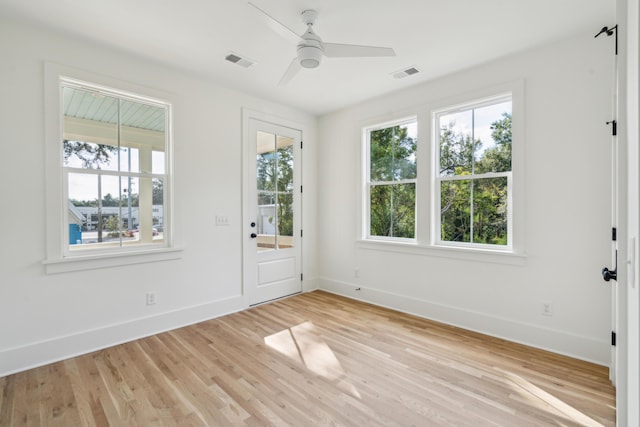 entryway featuring ceiling fan, a healthy amount of sunlight, and light hardwood / wood-style flooring