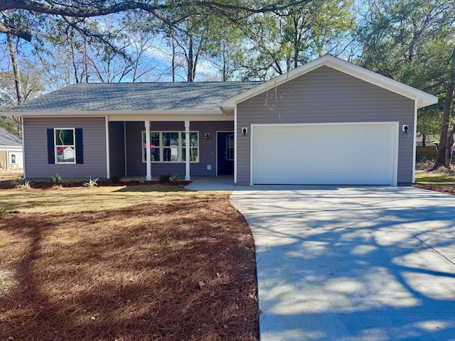 single story home featuring concrete driveway, a shingled roof, a front lawn, and an attached garage