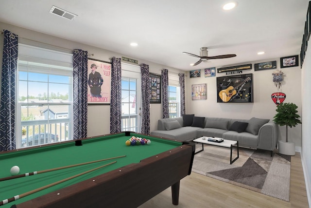 recreation room featuring visible vents, wood finished floors, recessed lighting, pool table, and ceiling fan