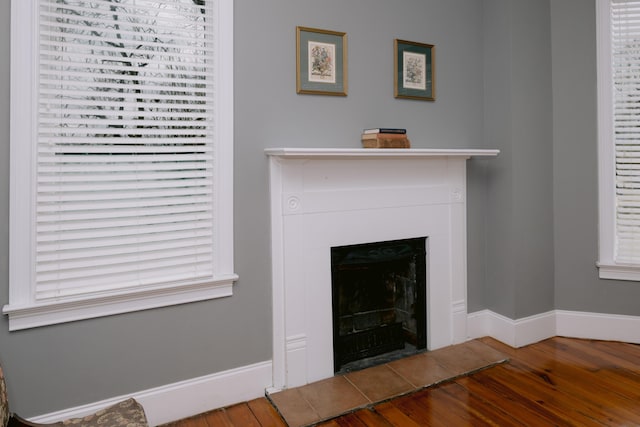 room details with a fireplace, wood finished floors, and baseboards