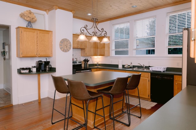 kitchen featuring stainless steel range with electric stovetop, a sink, black dishwasher, wood ceiling, and dark countertops
