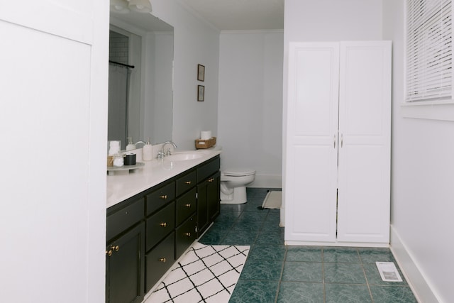 bathroom featuring visible vents, toilet, ornamental molding, tile patterned floors, and vanity