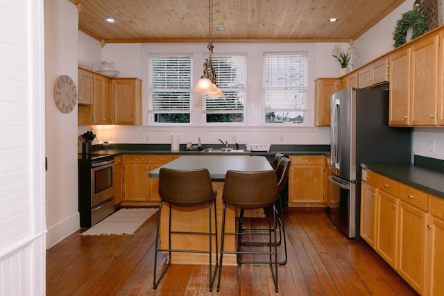 kitchen with dark wood-style floors, dark countertops, wooden ceiling, and stainless steel appliances