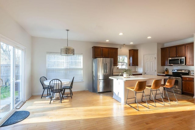 kitchen featuring stainless steel appliances, light countertops, a healthy amount of sunlight, and light wood-style floors