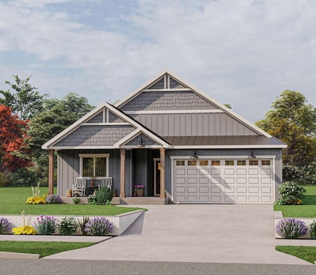 view of front facade featuring a front yard, covered porch, and a garage