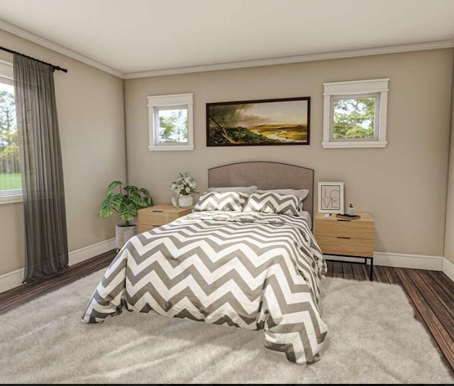 bedroom featuring ornamental molding, dark wood-type flooring, and multiple windows