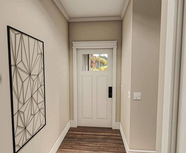 doorway featuring dark wood-type flooring and crown molding