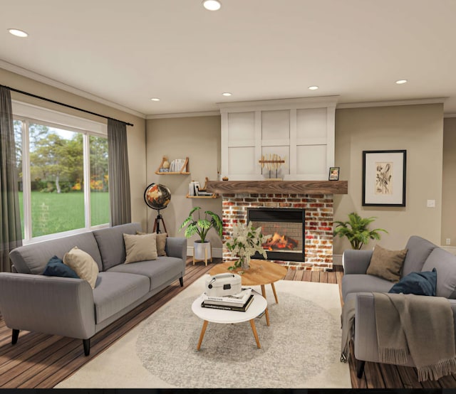 living room featuring a fireplace, ornamental molding, and hardwood / wood-style flooring