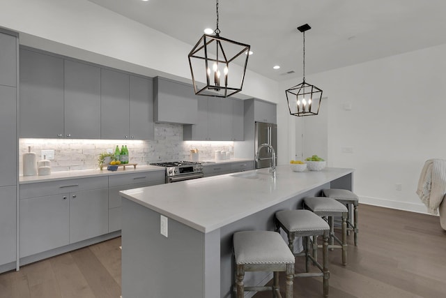 kitchen featuring backsplash, decorative light fixtures, stainless steel appliances, wood-type flooring, and a center island with sink