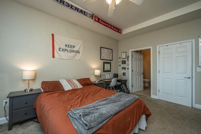 bedroom featuring ceiling fan, carpet floors, and ensuite bathroom