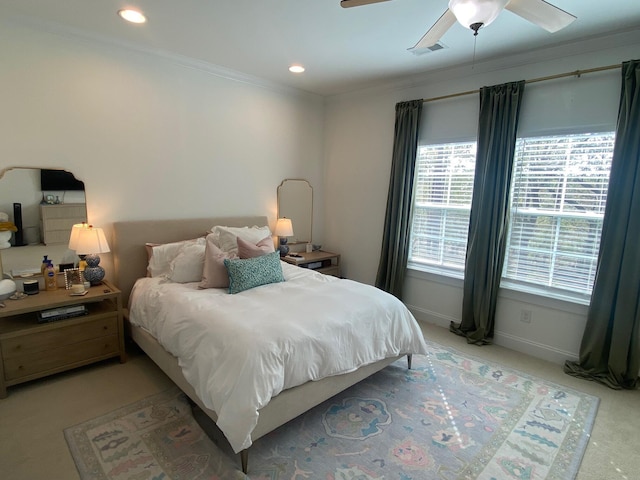 bedroom featuring crown molding, recessed lighting, visible vents, light carpet, and baseboards