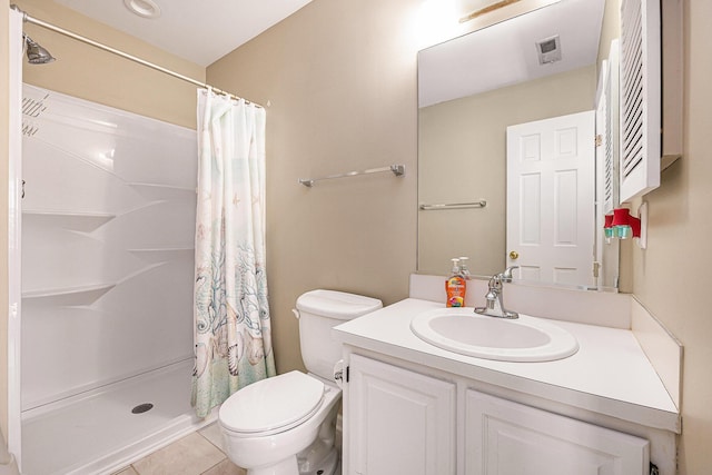 full bath with vanity, curtained shower, toilet, and tile patterned flooring