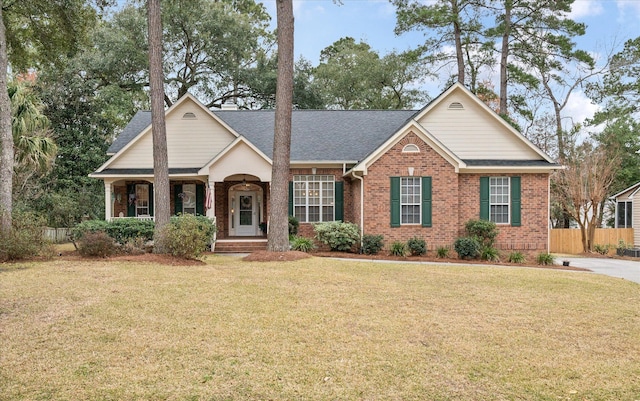 view of front of home featuring brick siding, covered porch, and a shingled roof