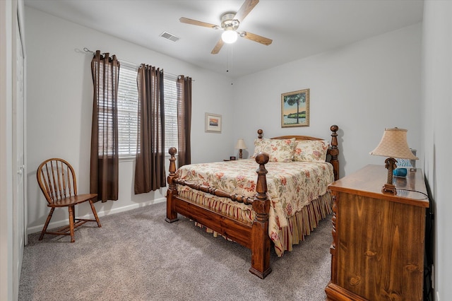 bedroom featuring carpet flooring, baseboards, and a ceiling fan