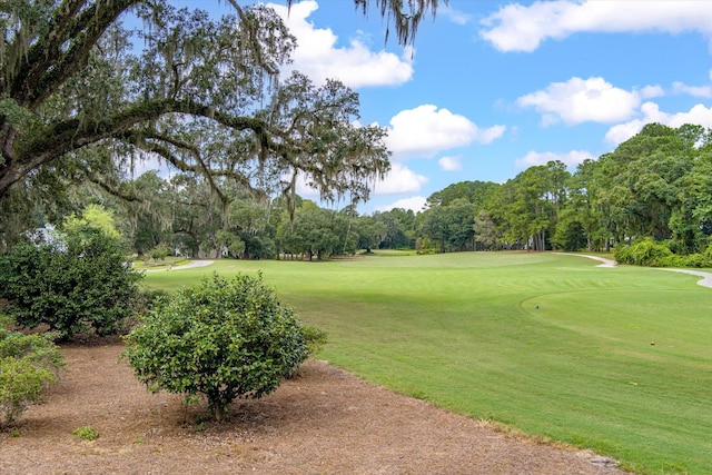 view of property's community featuring golf course view, view of scattered trees, and a yard