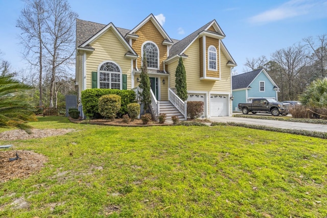 view of front facade featuring a garage, driveway, a front yard, and a shingled roof