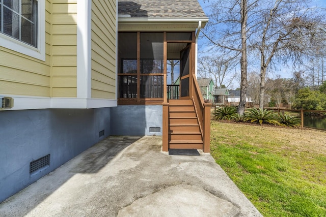 exterior space featuring visible vents, fence, roof with shingles, a yard, and crawl space