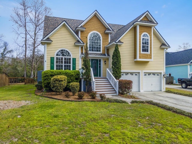 traditional home featuring concrete driveway, a garage, a front yard, and roof with shingles