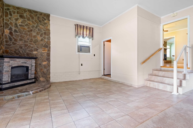 101 Parkside Dr, Goose Creek, SC 29445 - unfurnished living room featuring ornamental molding, tile patterned flooring, stairway, a fireplace, and cooling unit