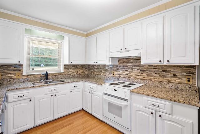 101 Parkside Dr, Goose Creek, SC 29445 - kitchen featuring white electric range oven, under cabinet range hood, a sink, white cabinetry, and ornamental molding
