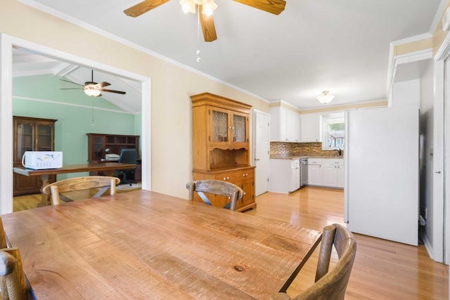 101 Parkside Dr, Goose Creek, SC 29445 - dining space with a ceiling fan, light wood-style flooring, an office area, and ornamental molding