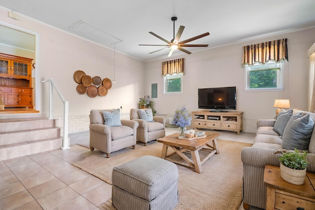 101 Parkside Dr, Goose Creek, SC 29445 - living area featuring attic access, healthy amount of natural light, ceiling fan, crown molding, and light tile patterned floors