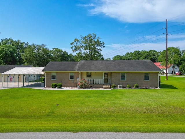 101 Parkside Dr, Goose Creek, SC 29445 - ranch-style house with covered porch, a front yard, crawl space, a detached carport, and brick siding