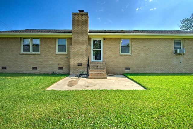101 Parkside Dr, Goose Creek, SC 29445 - rear view of house with crawl space, entry steps, a chimney, brick siding, and a lawn