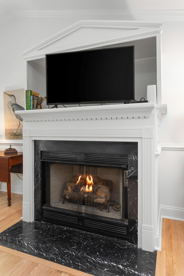 1604 Macoma Dr, Mount Pleasant, SC 29466 - detailed view of a fireplace, crown molding, and wood finished floors