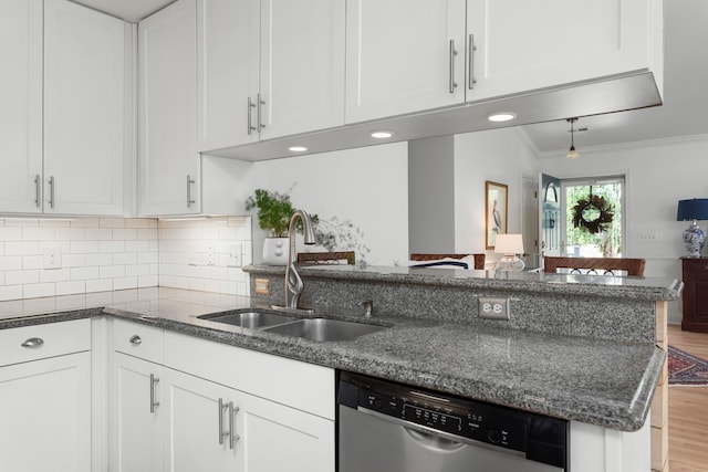 1604 Macoma Dr, Mount Pleasant, SC 29466 - kitchen with dishwasher, a sink, ornamental molding, a peninsula, and white cabinetry