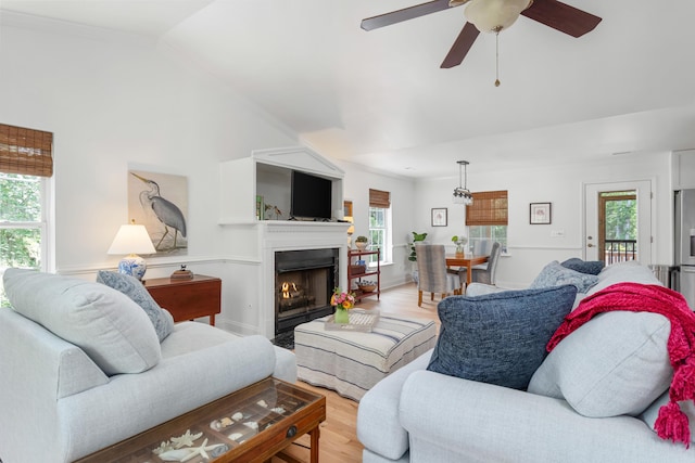 1604 Macoma Dr, Mount Pleasant, SC 29466 - living area featuring plenty of natural light, wood finished floors, a ceiling fan, and lofted ceiling